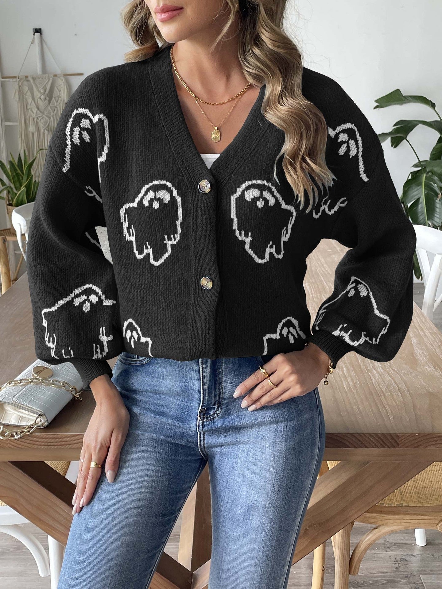 Halloween Sweater Coat Women's Loose Casual Button Sweater