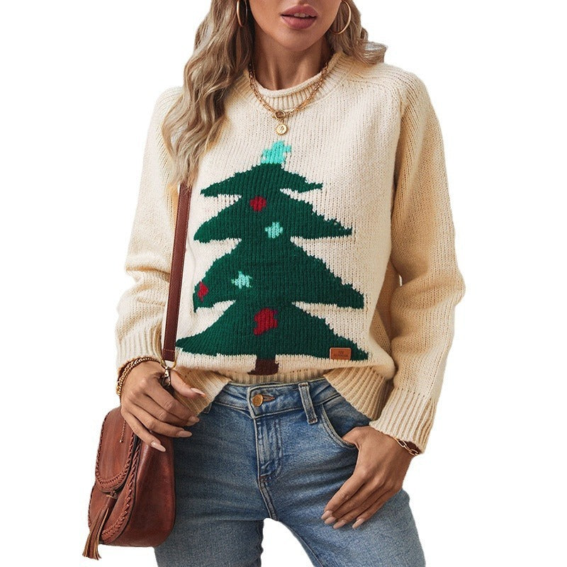 Jersey de árbol de Navidad suéter suelto con cuello redondo para mujer