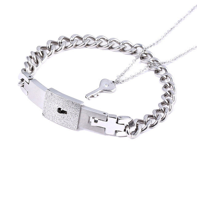 Joyería de moda, cerradura de amor de pareja de acero titanio, pulsera, juego de llaves, collar