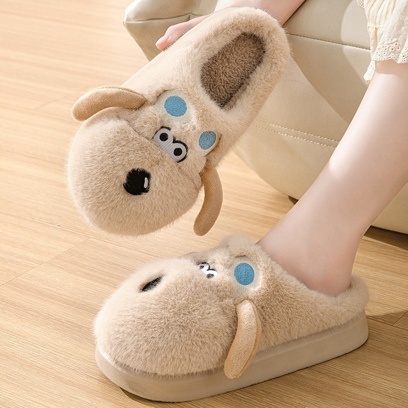 Cute Cartoon Dog Plush Slippers Winter Couple Indoor Warm Floor Home Slipper Non-slip Thick Bottom House Shoes