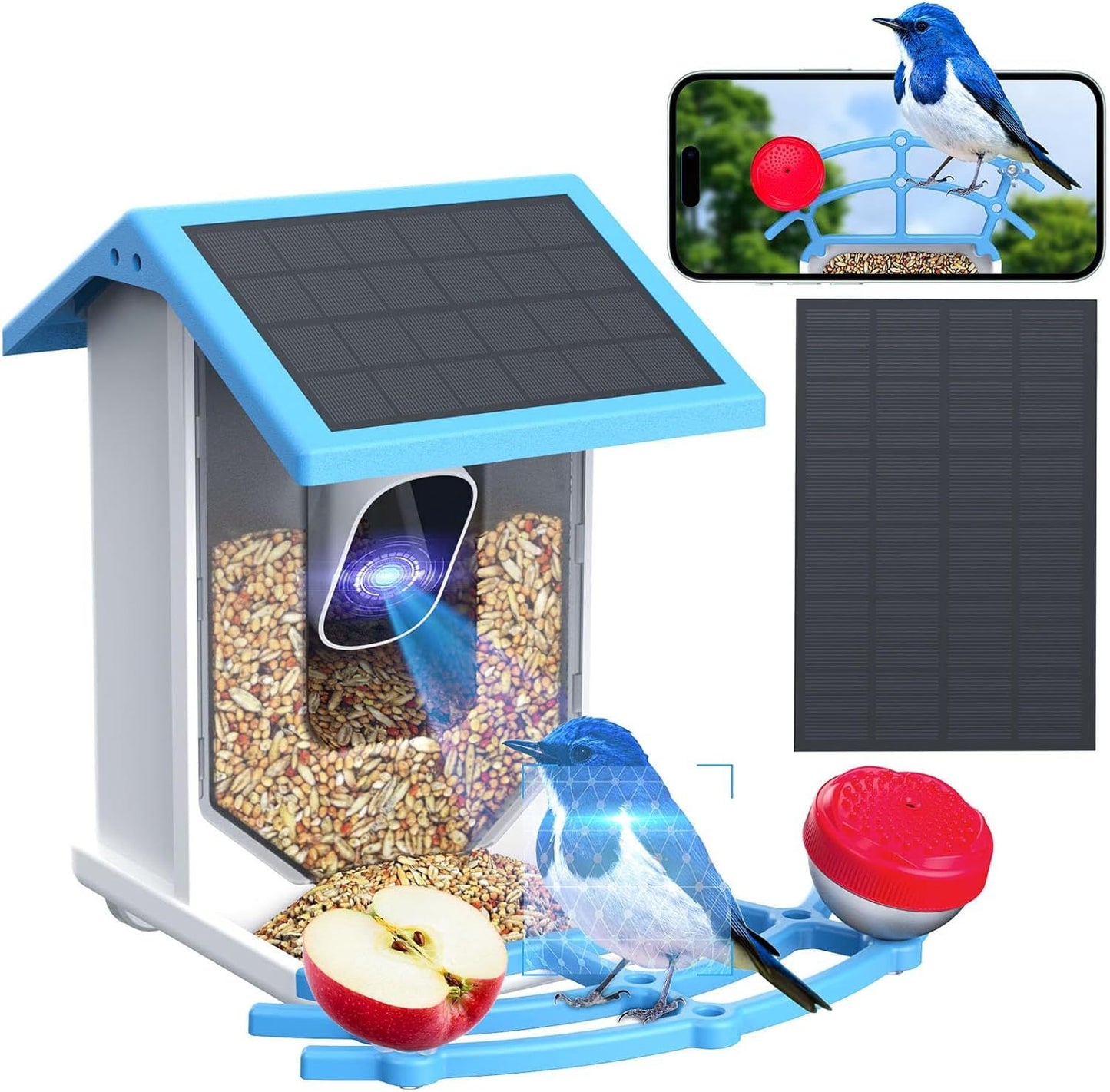 Smart Bird Feeder With Camera,Solar-Powered WiFi 4MP Live Camera,AI Identify Bird Species Auto Capture Garden Bird Watching&Motion Detection,Ideal Gift For Bird Lovers,Blue*Shipping to US only