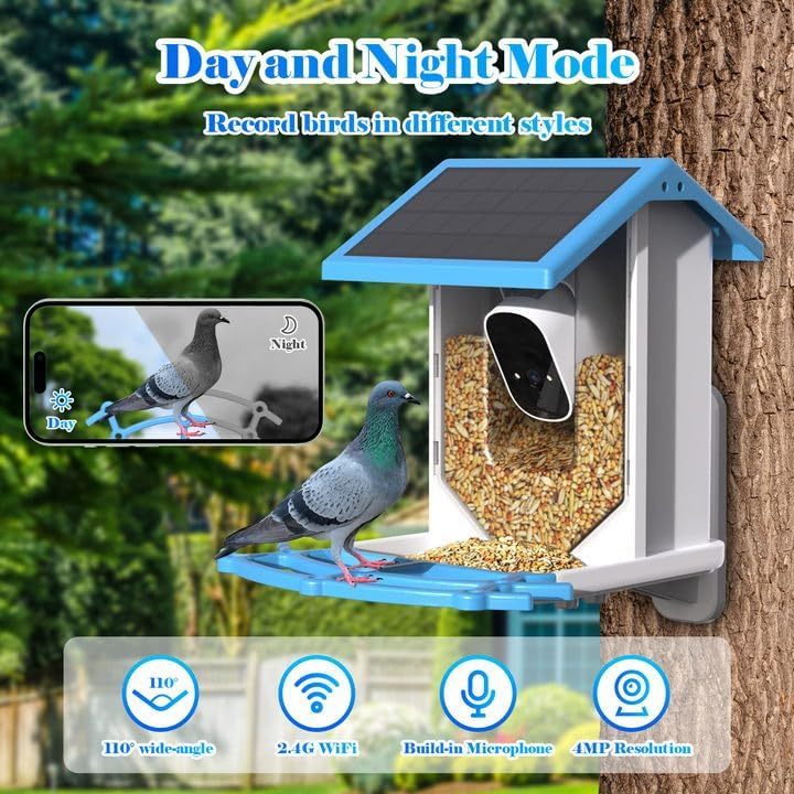 Smart Bird Feeder With Camera,Solar-Powered WiFi 4MP Live Camera,AI Identify Bird Species Auto Capture Garden Bird Watching&Motion Detection,Ideal Gift For Bird Lovers,Blue*Shipping to US only