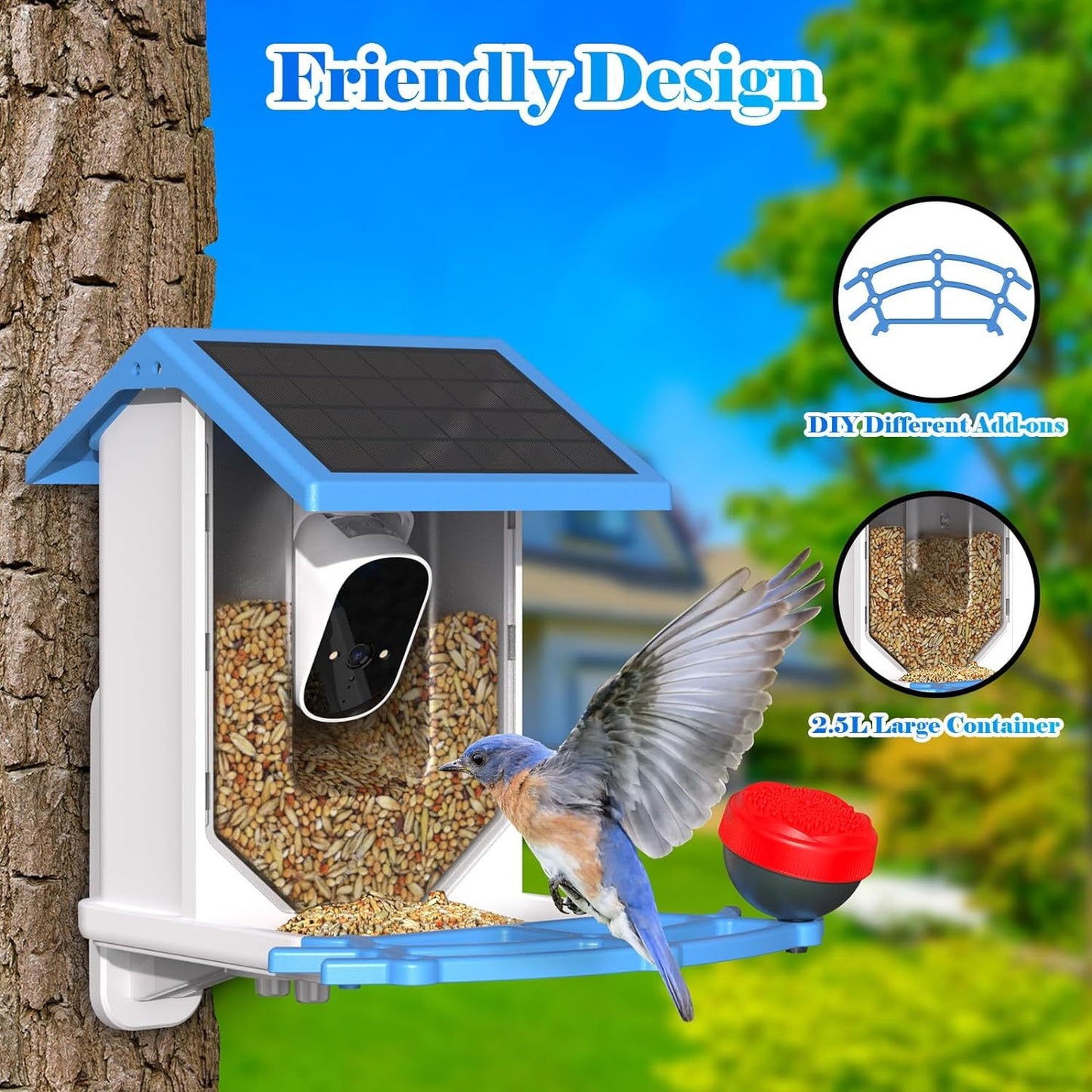 Smart Bird Feeder With Camera,Solar-Powered WiFi 4MP Live Camera,AI Identify Bird Species Auto Capture Garden Bird Watching&Motion Detection,Ideal Gift For Bird Lovers,Blue*Shipping to US only