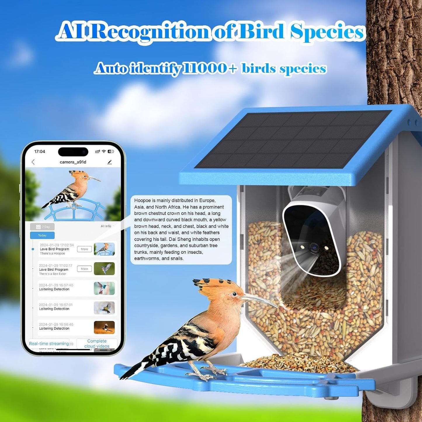 Smart Bird Feeder With Camera,Solar-Powered WiFi 4MP Live Camera,AI Identify Bird Species Auto Capture Garden Bird Watching&Motion Detection,Ideal Gift For Bird Lovers,Blue*Shipping to US only