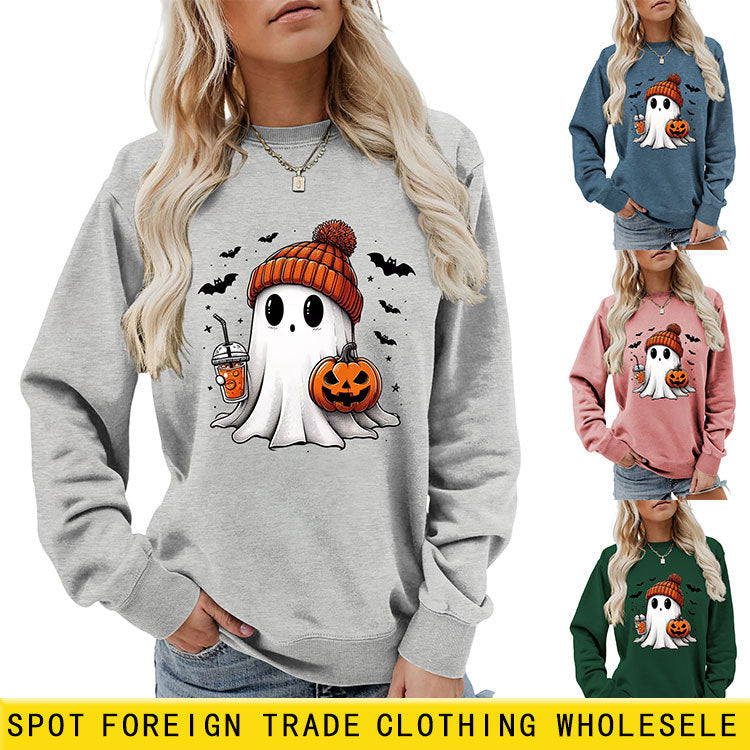 Fashion Long Sleeve Milk Tea Pumpkin Bat Printed Crew Neck Sweatshirt