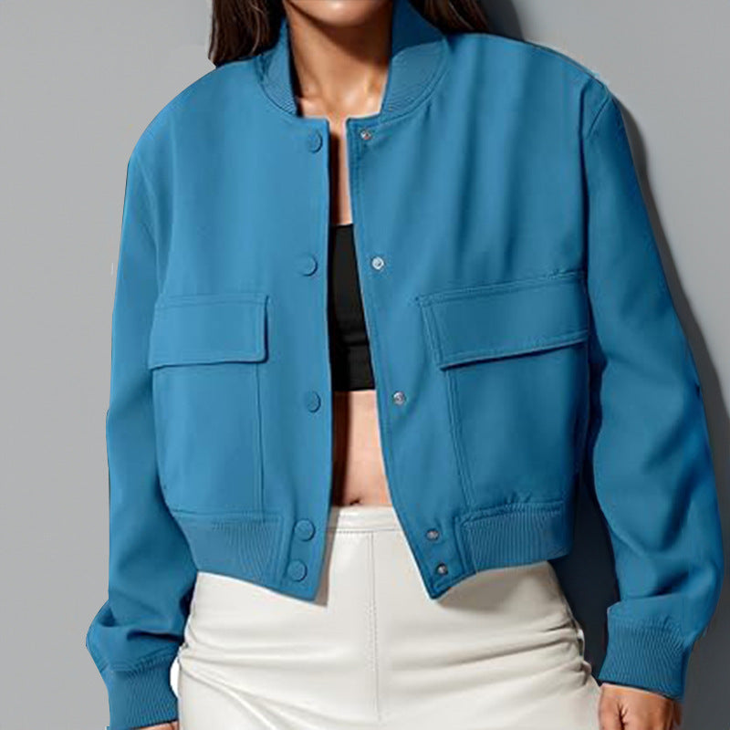 Chaqueta con cuello levantado y botones a la moda para mujer, prendas de vestir cortas holgadas e informales con bolsillos grandes, abrigo para mujer