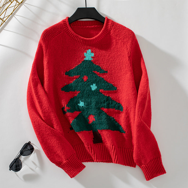 Jersey de árbol de Navidad suéter suelto con cuello redondo para mujer