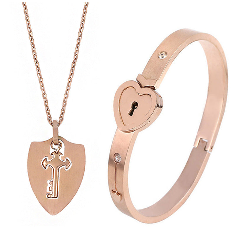 Joyería de moda, cerradura de amor de pareja de acero titanio, pulsera, juego de llaves, collar