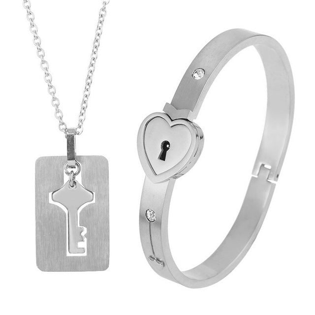 Joyería de moda, cerradura de amor de pareja de acero titanio, pulsera, juego de llaves, collar