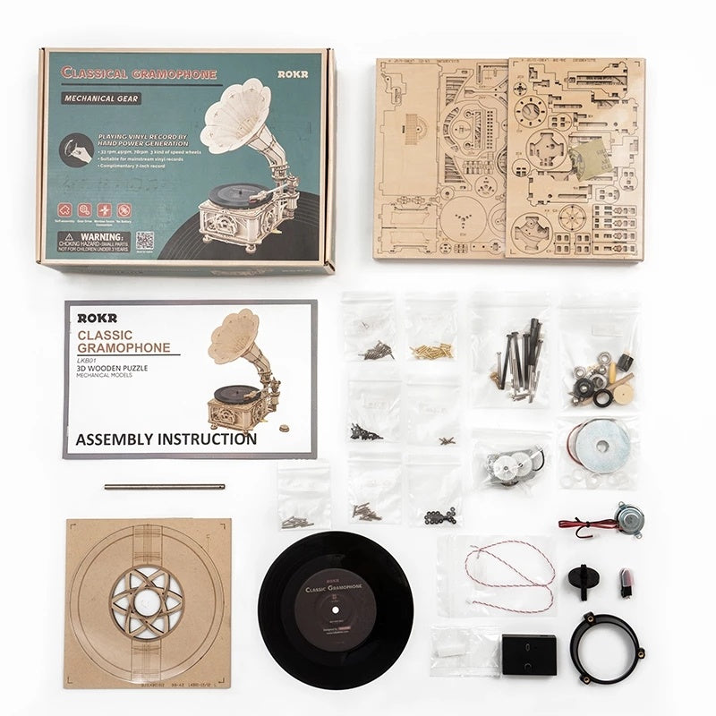 Robotime ROKR DIY Hand Crank Classic Gramophone Wooden Puzzle Model Building Kits Assembly Toy Gift For Children LKB01*Shipping to France only