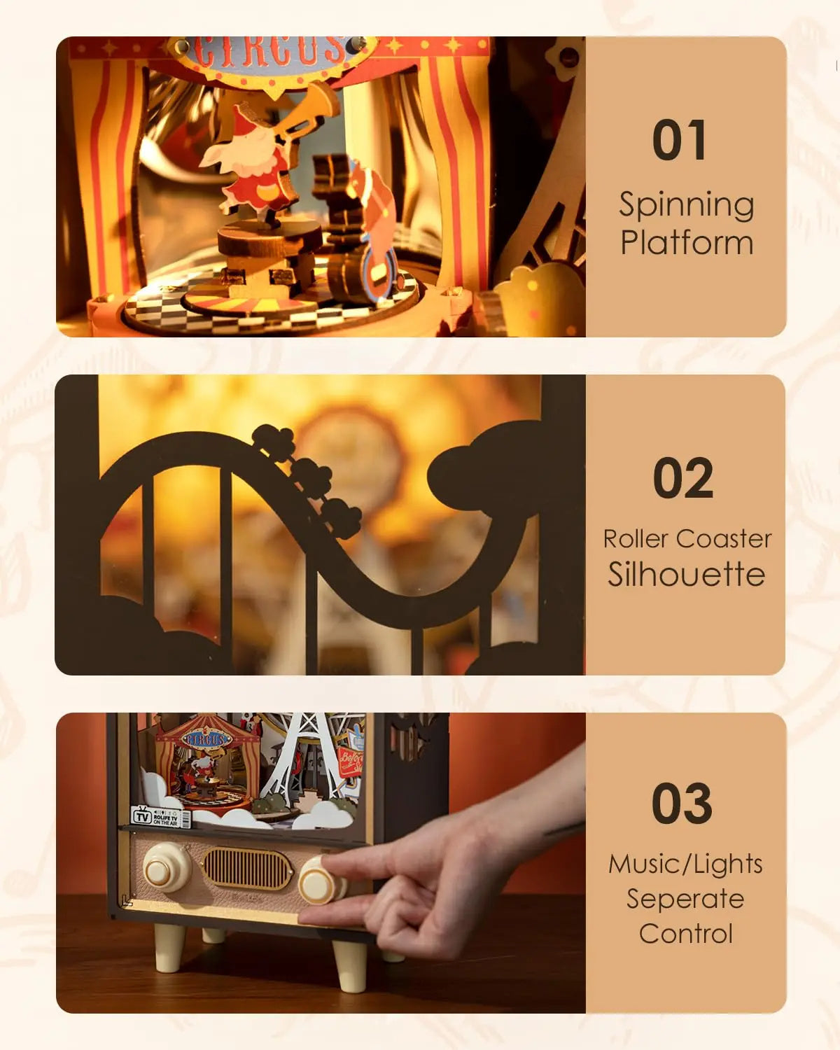 Robotime Rolife Sunset Carnival Music Boxes With Lights For Kids Adults Home Decoration Luxurious Design 3D Wooden Puzzle Toys*Shipping to Germany only