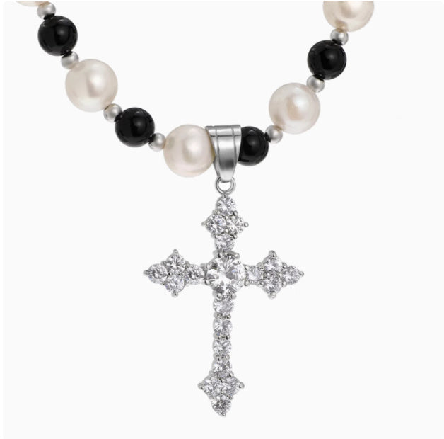 Natural Freshwater Pearl Black Agate Necklace With Cross Pendant