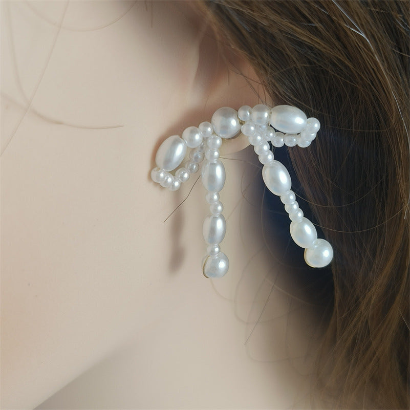 Retro Artificial Pearl Bow Floral Hand-woven Earrings