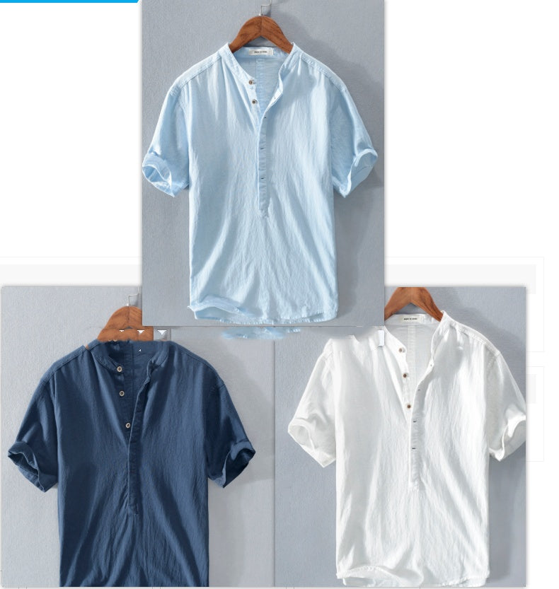 Men's Stand Collar Japanese Ice Silk Linen Short Sleeve T-shirt