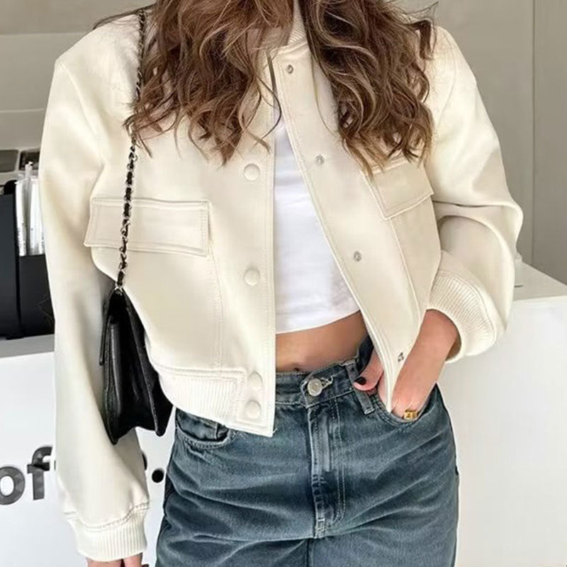 Chaqueta con cuello levantado y botones a la moda para mujer, prendas de vestir cortas holgadas e informales con bolsillos grandes, abrigo para mujer