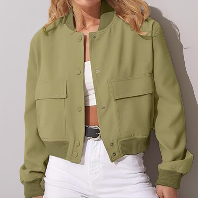 Chaqueta con cuello levantado y botones a la moda para mujer, prendas de vestir cortas holgadas e informales con bolsillos grandes, abrigo para mujer