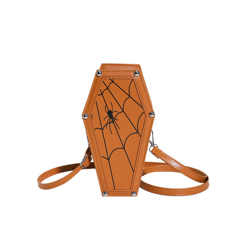 Halloween Coffin-shape Shoulder Bag Gothic Ghost Spider Web Messenger Crossbody Bag Kids Personality Phone Bag For Women