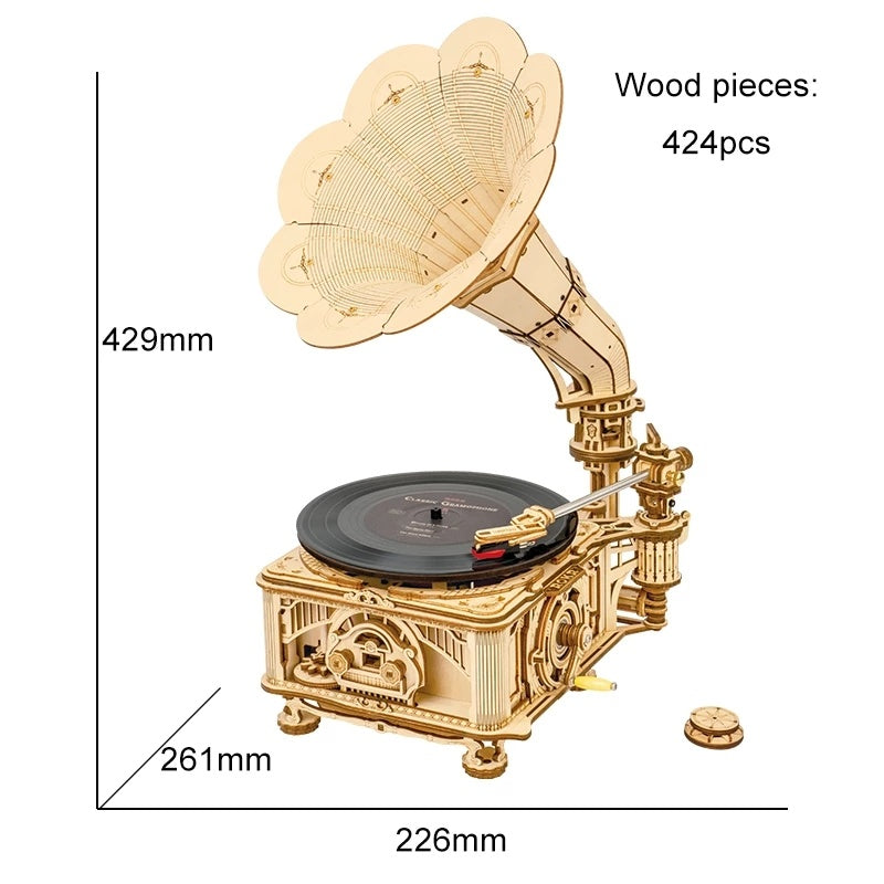 Robotime ROKR DIY Hand Crank Classic Gramophone Wooden Puzzle Model Building Kits Assembly Toy Gift For Children LKB01*Shipping to France only