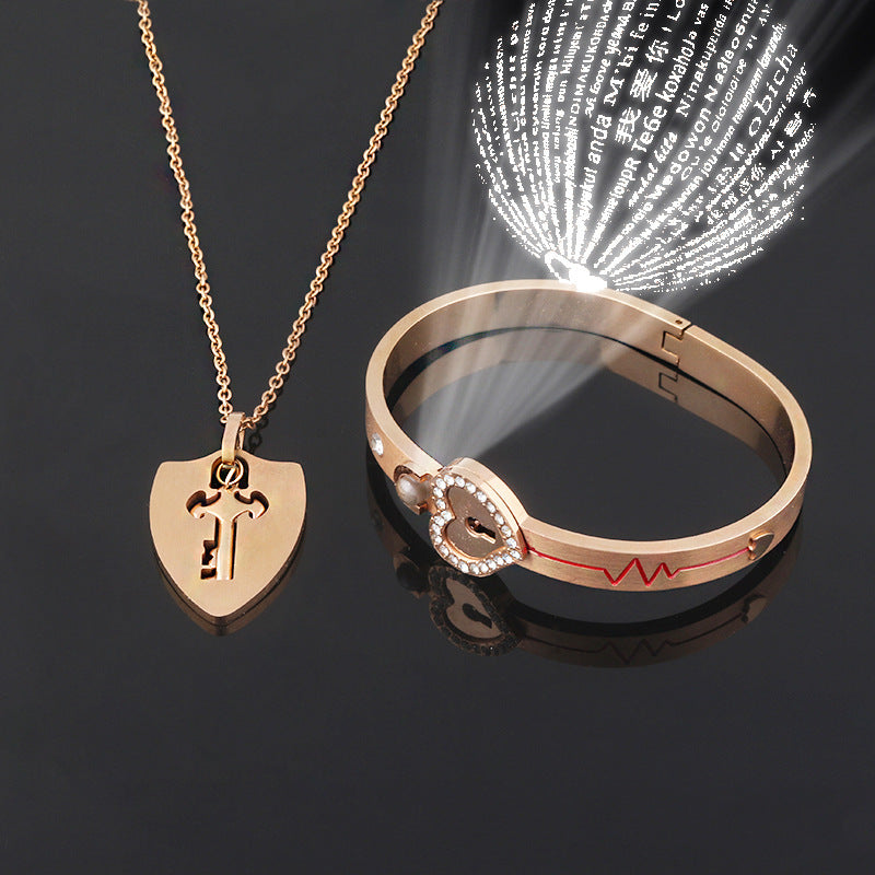 Joyería de moda, cerradura de amor de pareja de acero titanio, pulsera, juego de llaves, collar