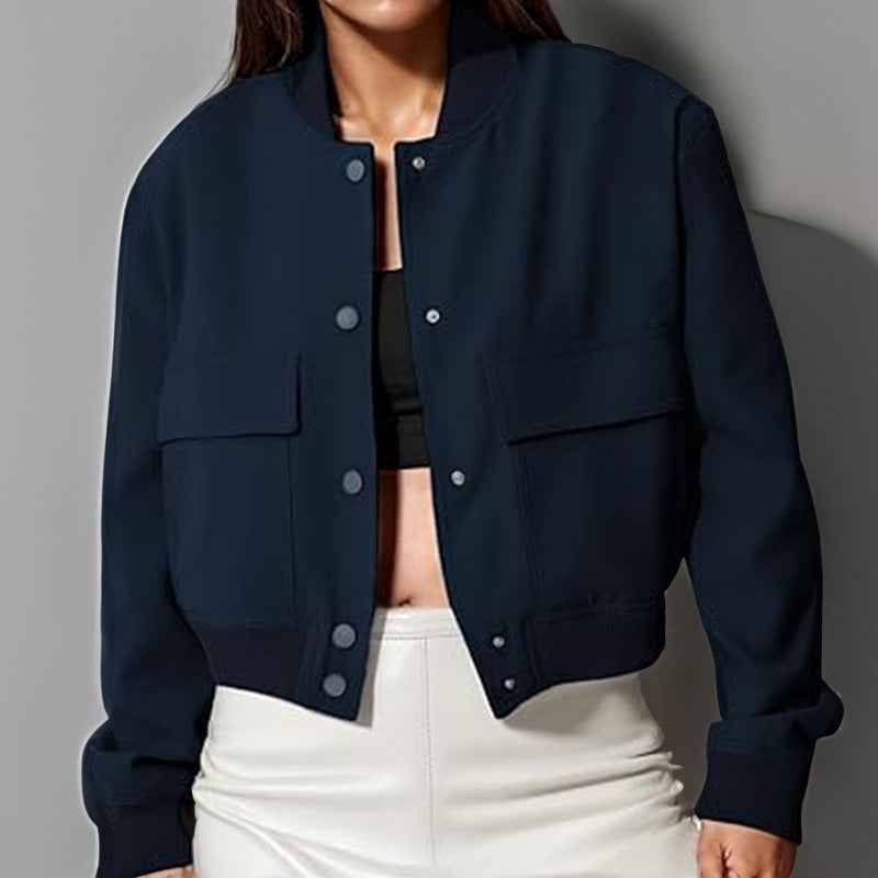 Chaqueta con cuello levantado y botones a la moda para mujer, prendas de vestir cortas holgadas e informales con bolsillos grandes, abrigo para mujer