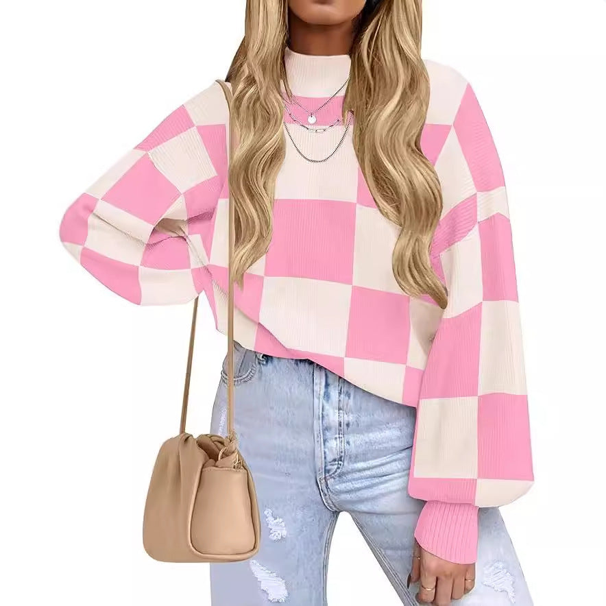 Women's Fashion High Collar Long Sleeve Striped Rib Sweater