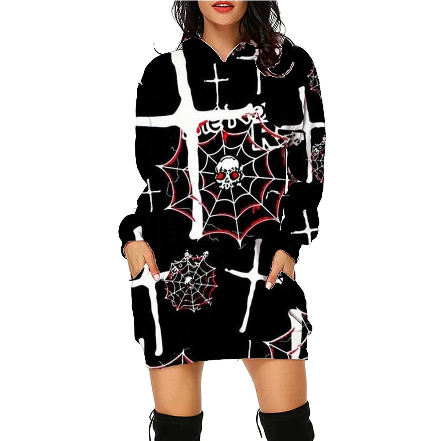 Sudadera con capucha larga con estampado de Halloween y bolsillos suéter ropa de manga larga para mujer