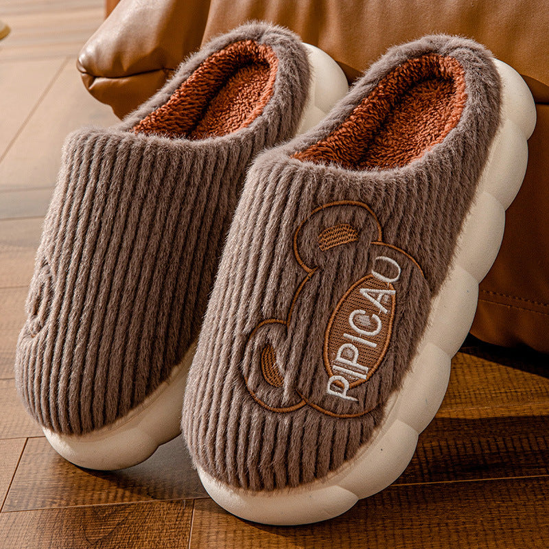 Cute Bear Home Slippers Warm Thick Bottom Non-slip Couple House Shoes Winter Floor Bedroom Slippers For Women Men