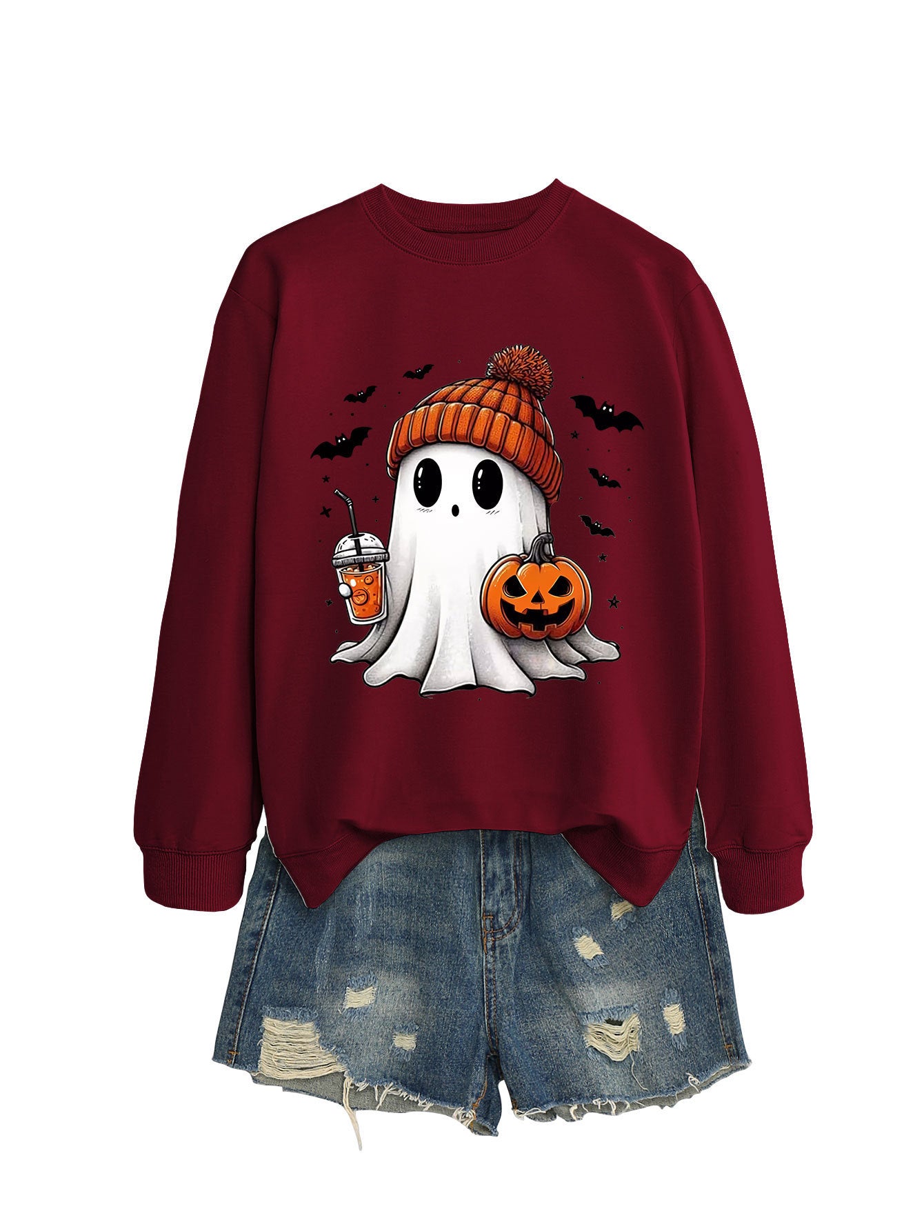 Fashion Long Sleeve Milk Tea Pumpkin Bat Printed Crew Neck Sweatshirt