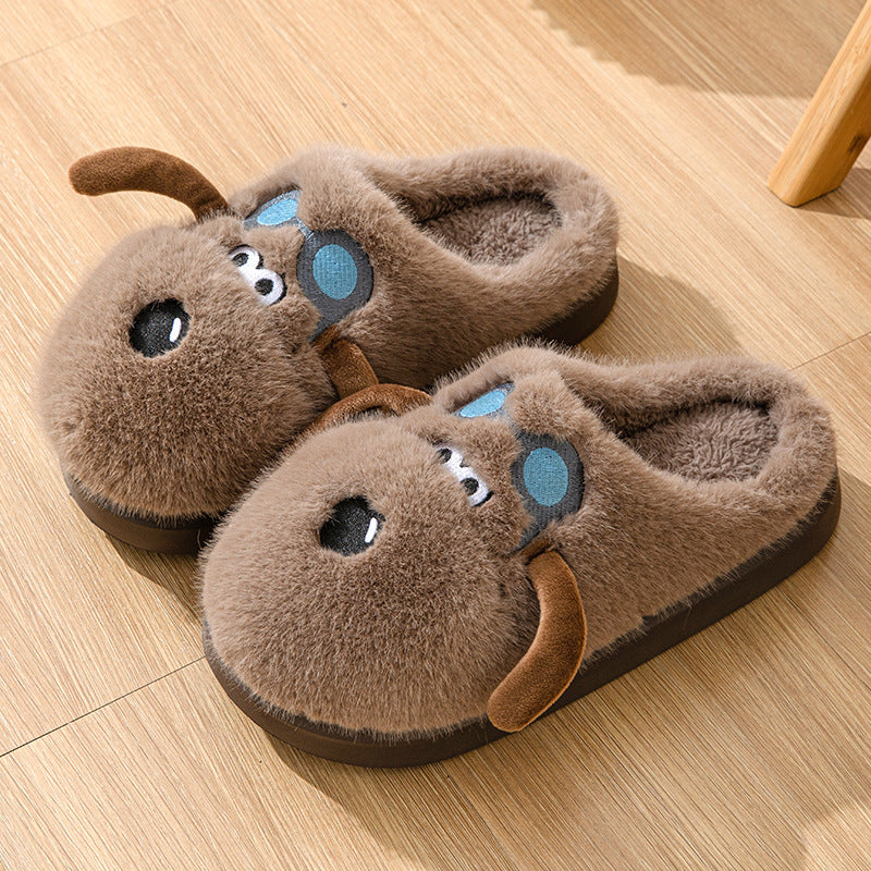 Cute Cartoon Dog Plush Slippers Winter Couple Indoor Warm Floor Home Slipper Non-slip Thick Bottom House Shoes