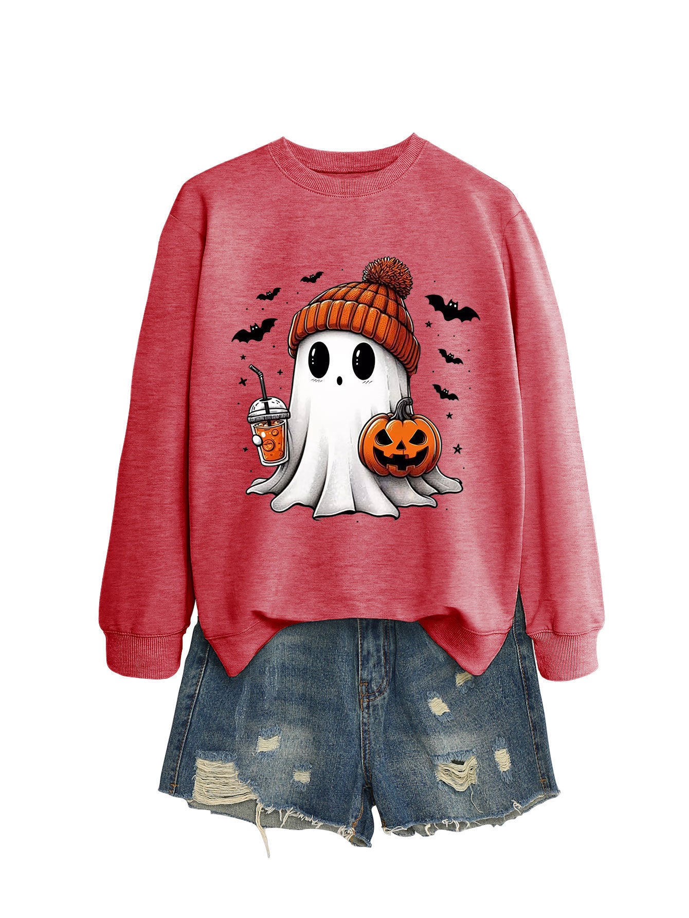 Fashion Long Sleeve Milk Tea Pumpkin Bat Printed Crew Neck Sweatshirt