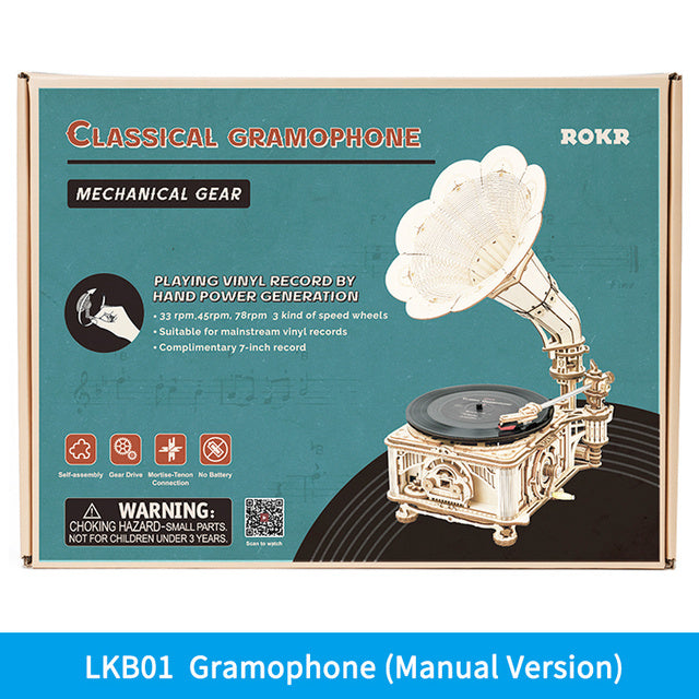 Robotime ROKR DIY Hand Crank Classic Gramophone Wooden Puzzle Model Building Kits Assembly Toy Gift For Children LKB01*Shipping to France only