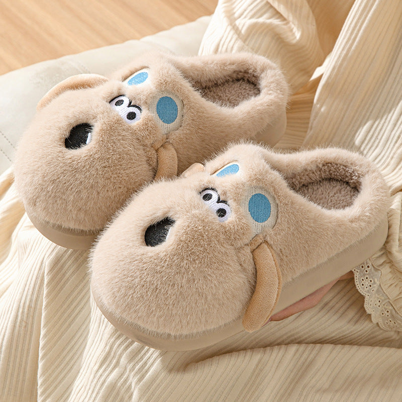 Cute Cartoon Dog Plush Slippers Winter Couple Indoor Warm Floor Home Slipper Non-slip Thick Bottom House Shoes