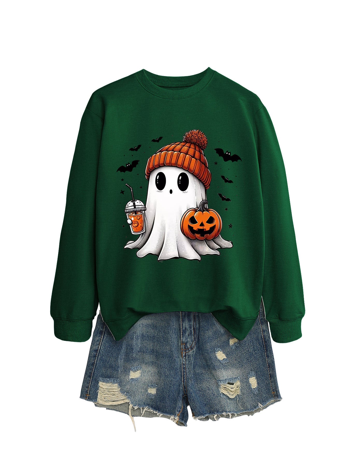 Fashion Long Sleeve Milk Tea Pumpkin Bat Printed Crew Neck Sweatshirt