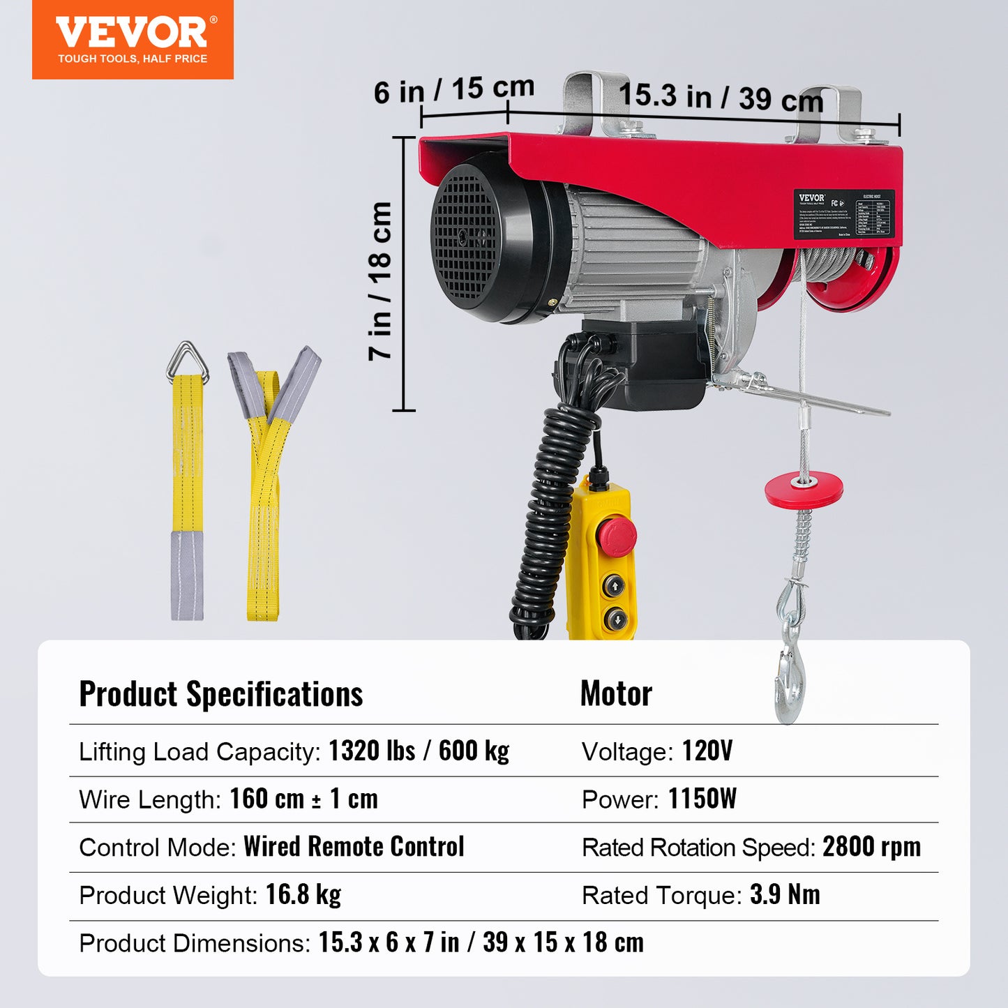 VEVOR Electric Hoist, 1320 Lbs Lifting Capacity, 1150W 110V Electric Steel Wire Winch With 14ft Wired Remote Control, 40ft Single Cable Lifting Height & Pure Copper Motor, For Garage Warehouse Factory*Shipping to US only