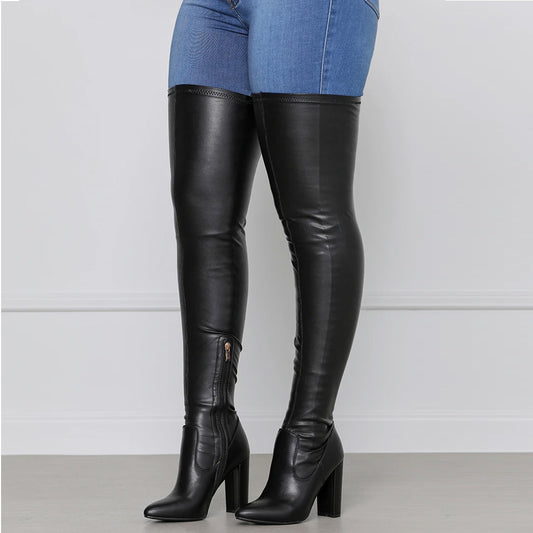 Side Zipper High Chunky Heel Plus Size Below The Knee Long Boots Female