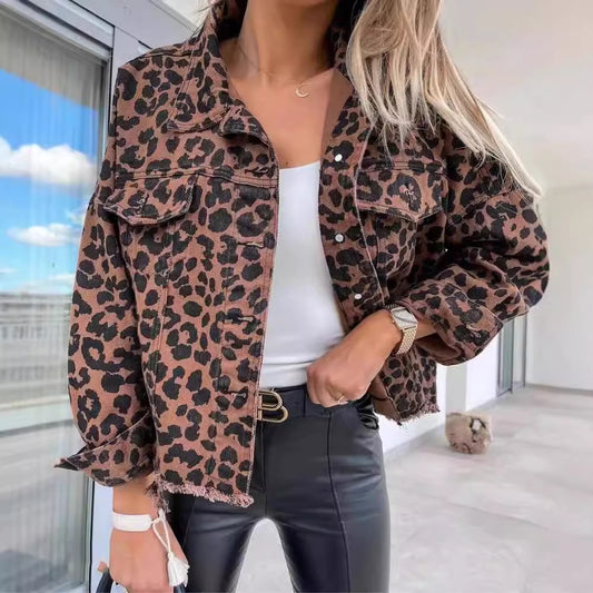 Chaqueta Con Estampado De Leopardo Para Mujer Con Bolsillo Y2K Solapa De Moda Abrigo De Mezclilla De Un Solo Botonadura Ropa De Mujer