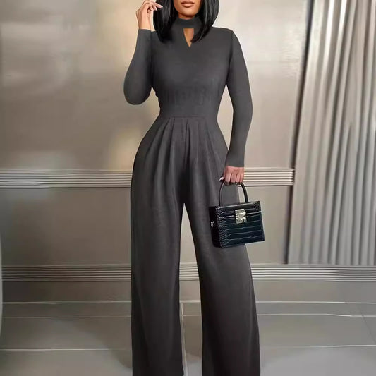 Small Turtleneck Long Sleeve Jumpsuit Knitted Casual Pants Straight