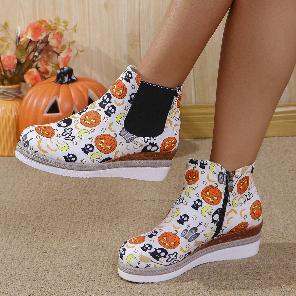 Plus Size Thick Bottom Flower Side Zip Short Boots Female