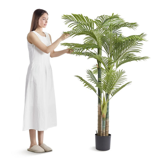 Artificial Gold Cane Palm Tree, 6.5 FT Tall Faux Plant, PE Material & Anti-Tip Tilt Protection Low-Maintenance Plant, Lifelike Green Fake Tree For Home Office Warehouse Decor Indoor Outdoor*Shipping to US only