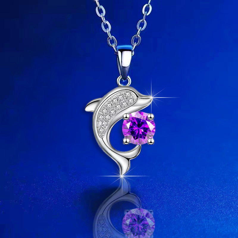 Dolphin Necklace Female Student Personality Purple Zircon Pendant Clavicle Chain Jewelry Necklace