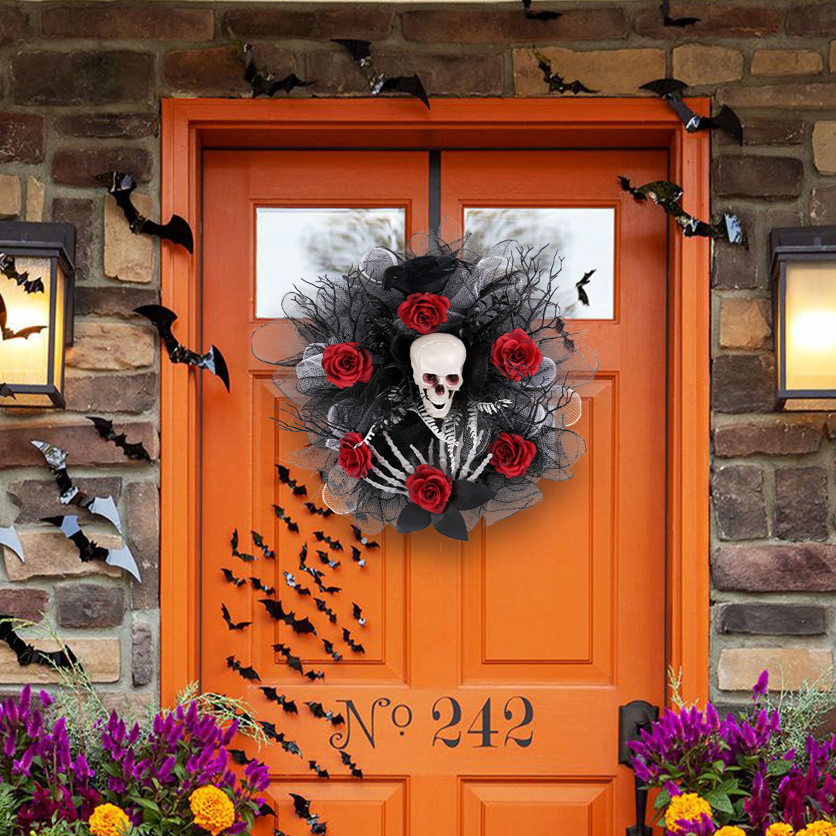 Decoración colgante de puerta de guirnalda de malla de calavera de rosa roja de Halloween