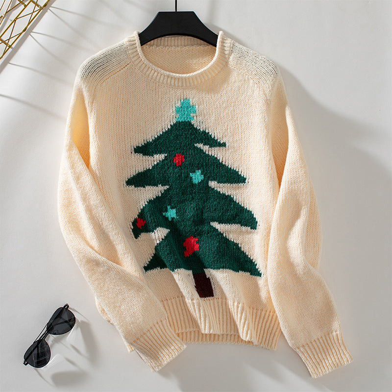 Jersey de árbol de Navidad suéter suelto con cuello redondo para mujer