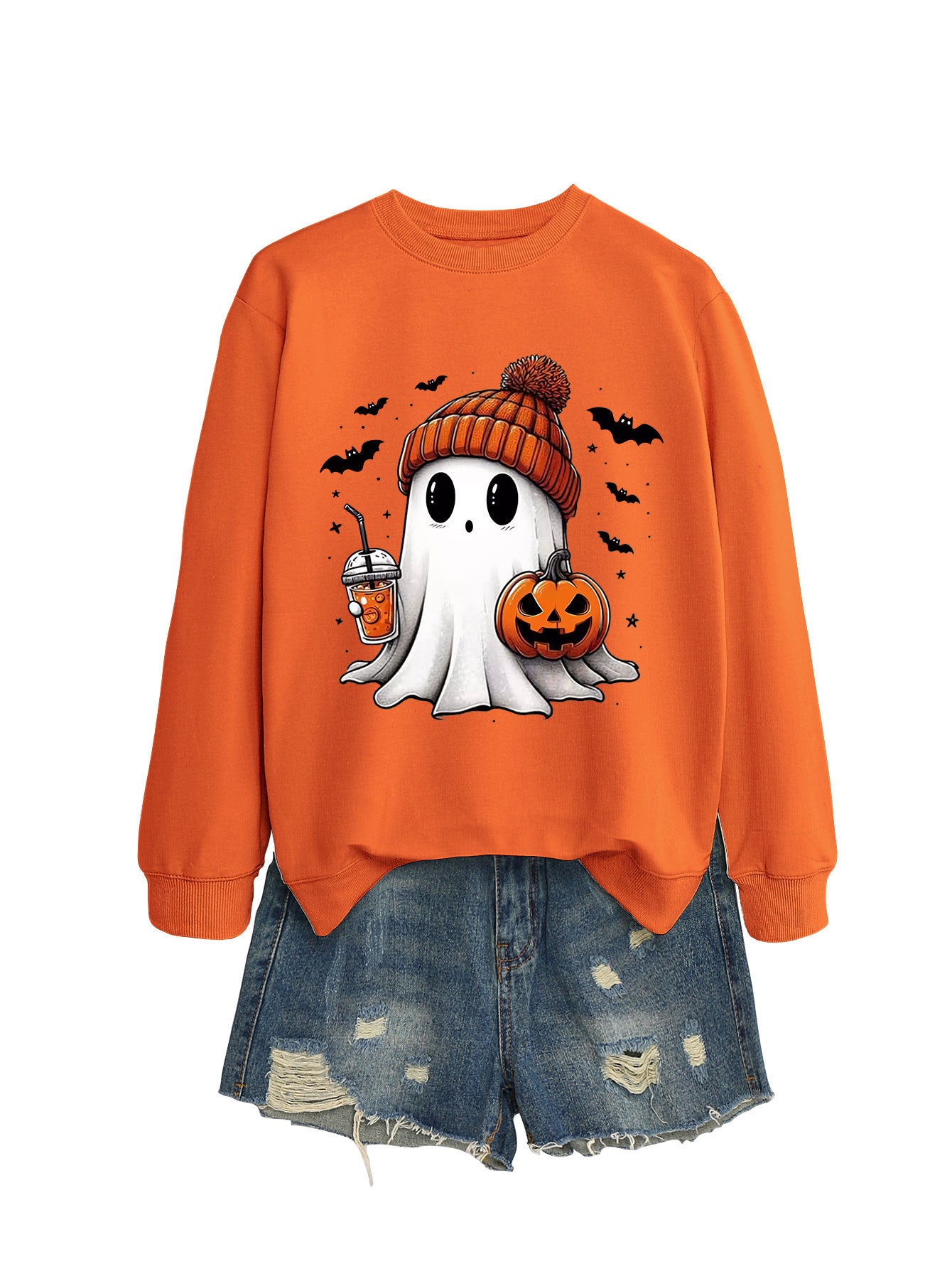 Fashion Long Sleeve Milk Tea Pumpkin Bat Printed Crew Neck Sweatshirt