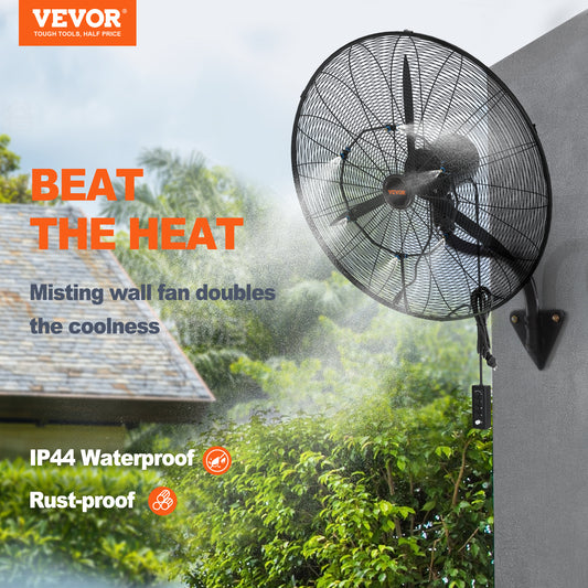 VEVOR Wall-Mount Misting Fan, 24 Inch, 3-speed High Velocity Max. 7000 CFM, Waterproof Oscillating Industrial Wall Fan, Commercial Or Residential For Warehouse, Greenhouse, Workshop, Black, ETL Listed*Shipping to US only